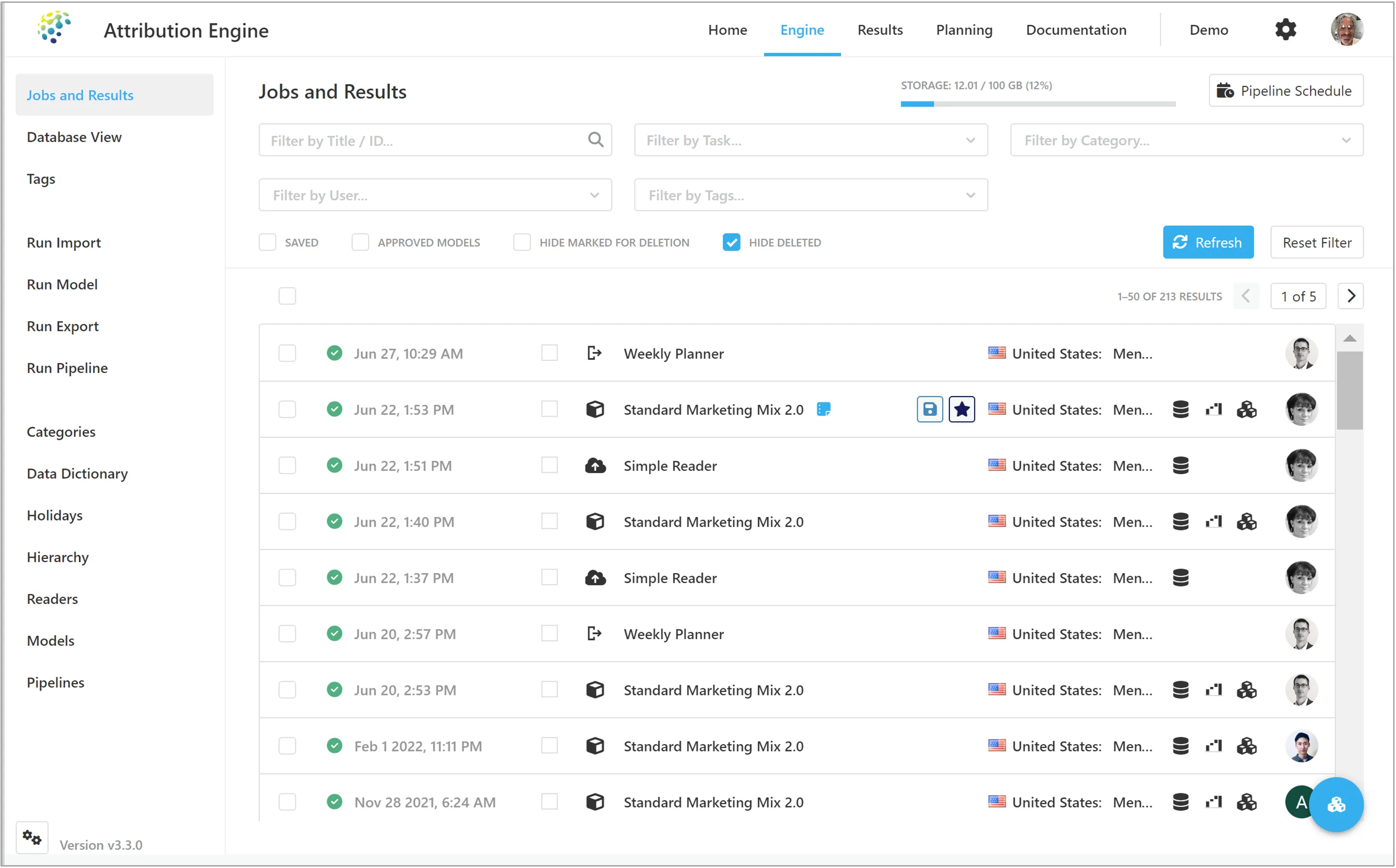 Marketing Attribution - Attribution Engine - Jobs and Results Page for Mixed Marketing Models